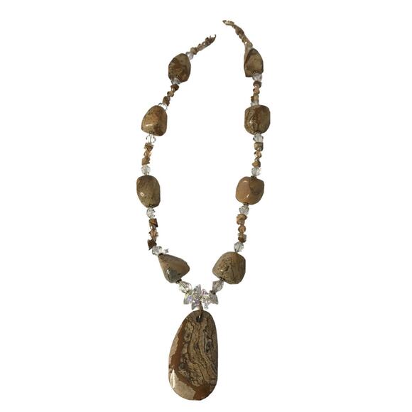 Bohemian Glass Beaded Necklace Agate Champagne Beige Stone Earthy Statement 20"" - Picture 10 of 10